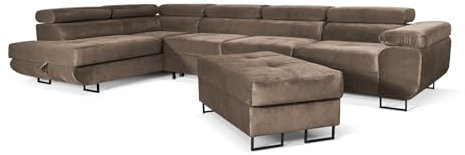 SOFILAND Aller Lang XL Modernes Design Ecksofa mit Schlaffunktion, Bettkasten in Ottomane, Hocker mit Stauraum – Tierfreundlicher Waterproof-Welvet, inkl. 2 runde Kissen, Ottomane rechts. (Hellbraun)