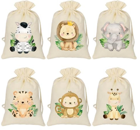 12pz Sacchetti Animali Giungla in Stoffa Cotone, Sacchetti Regalo Compleanno Bambini Animali del Bosco Safari per Caramelle Bomboniere Confetti Battesimo Nascita