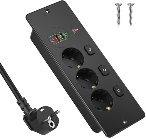 Tischsteckdose mit 4 USB C PD 20W, 3Fach Steckdosenleiste einzeln Schaltbar, Einbausteckdose Überspannungsschutz für küche Tischplatte Home, Office, 2M Kabel, Schwarz