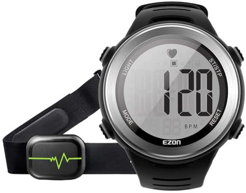 EZON Cardiofrequenzimetro fascia toracica, cardiofrequenzimetro, cardiofrequenzimetro, orologio sportivo con HRM, impermeabile, cronometro, carillon orario, acciaio argento, T007A11