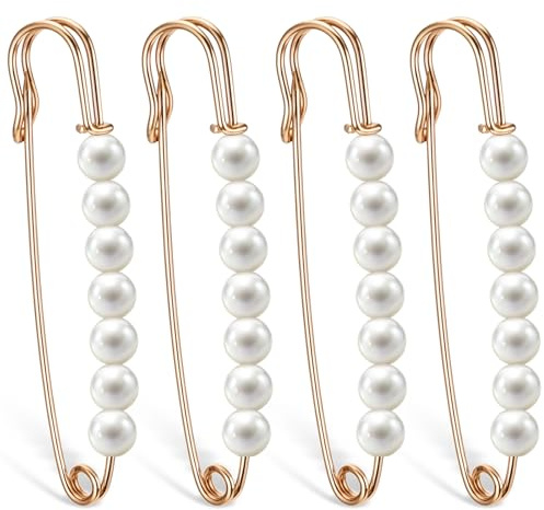 Women Brooch Pins 4 Pcs 7.9cm/3.11inch Fashion Faux Pearl Brooch Pins Sweater Shawl Clips Safety Pins Pant Waist Tightener Pearl Pins Heavy Duty Safety Pins for Women Girls Clothing Dresses Decoration