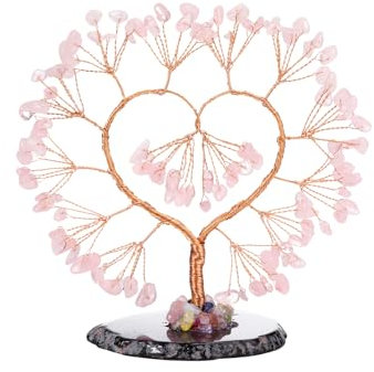 JOVIVI Albero di Cristallo Soprammobile in Pietre Preziose 7 Chakra Albero della Vita a Cuore con Base Agata Cristalloterapia Albero Portafortuna Bonsai Amore Regalo per Lei Fidanzata (Quarzo Rosa)