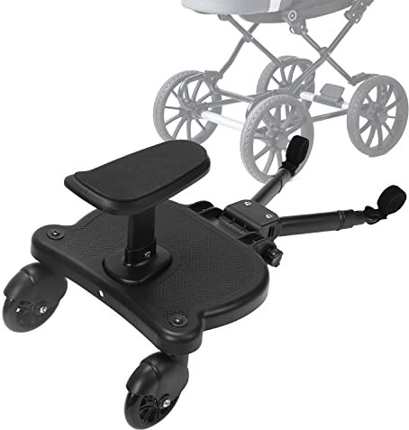 Hebitod Buggy Board mit Sitz,Kiddy Board mit Sitz, Board für alle Kinderwagen,Trittbrett Mitfahrbrett 360°Zweirad Design, Kinderwagen Trittbrett von 25kg(Schwarz)