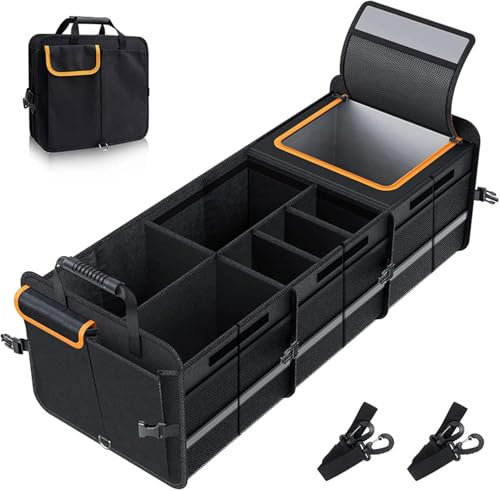 WUDLEP Großer Kofferraum-Organizer mit integrierter auslaufsicherer Kühltasche, Faltbarer Kofferraum Organizer Box mit mehreren Fächern, verstellbare Gurtgriffe für Auto, SUV, LKW, Van (Schwarz)