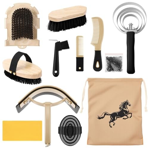 Abbylike 12 Pieces Horse Grooming Kit Equine Care Brushes, Black | Hoof Pick Sweat Scraper Comb Shedding Tool Sponge Bag, Show Supplies Tack Room Equestrian Massaging Cleaning Competition
