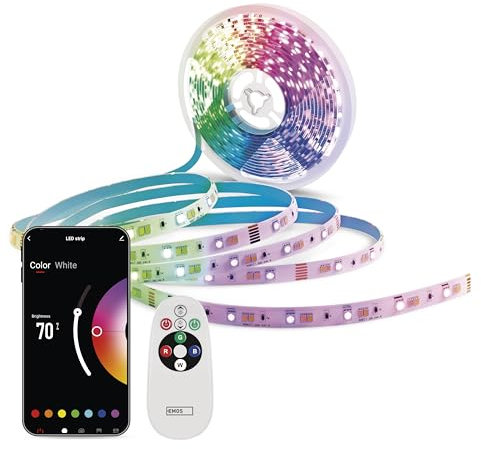 EMOS - Smart LED Strip RGB/CCT 5m - Selbstklebende LED-Streifen mit Fernbedienung und App - 16 Mio Farben, Musik-Synchronisation, Timer - Ambiente und Party Beleuchtung - inkl. 1,5 Kabel und Netzteil