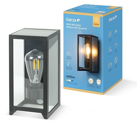 Garza - Applique murale solaire d'extérieur à LED vintage, 400 lm, 2700 K. Éclairage à 360 °, détecteur de mouvement, IP44, autonomie de 8 h, fixation murale.