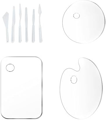 AMONENZ Palette Peinture Acrylique, Acrylique Transparent Palette de Peinture, avec Trous Palette d'artiste, Palette en 3 Formes, avec 6 Grattoirs, pour Peinture l'huile, Peinture Acrylique