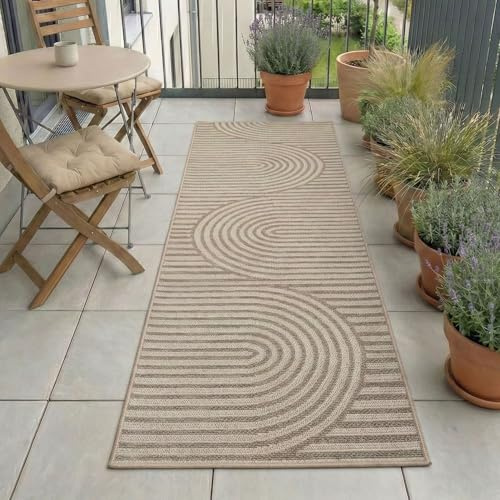 Carpetsale24 Outdoor Teppich Beige 80x250 cm Läufer, Wetterfest & UV-beständig, ideal für Küche, Balkon, Terrasse auch Wohnzimmer und Esszimmer, Skandinavisches Boho-Design, Leicht zu Reinigen