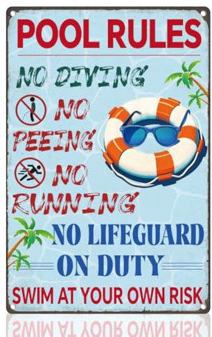 DOODLREAM Swimming Pool Rules Vintage Wall Decor Metal Tin Sign 20x30cm Swim at Your Own Risk Wall Art Poster for Beach Swimming Pool Water Park Club Outdoor Decor