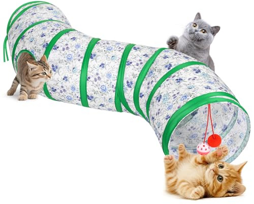 Pawaboo Cat Tunnel, S-Shaped Cat Tube Tunnel 25*97cm(9.8''*38.2'') with Balls and Bells, Collapsible Portable Kitten Play Tent Toy Interactive Cats House with Peep Holes for Kitty, Blue + White Flower
