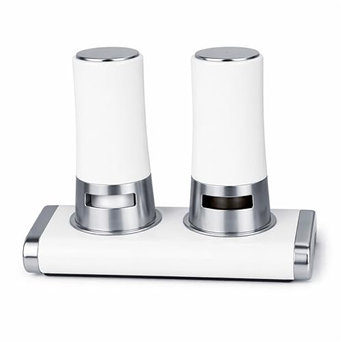 Jungengel Magnetisches Salz und Pfeffer Mühlen Set - Edelstahl Mahlwerk mit Magnet-Halterung, Inkl. Aufkleber, Rutschfeste 2-in-1 Gewürzmühle, Modernes Design Weiß Silber für Küche