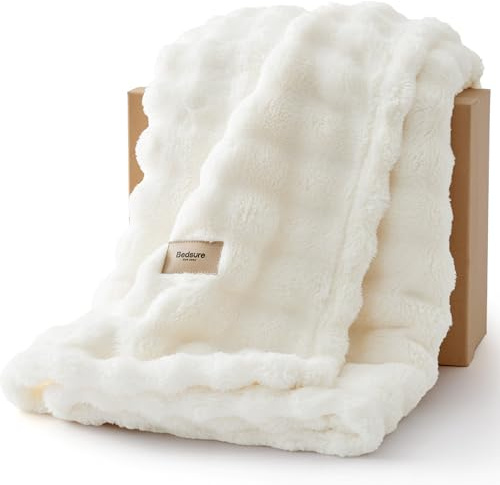 Bedsure Bubble Fleece Throw Blanket - Lightweight, Off White, 130x170cm | Cloud Bubble, Softness, Breathable and Gentle, Cosy for Autumn and Winter,Lightweight, Warm, Thoughtful Gift