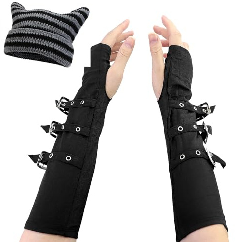 1 Paar Punkhandschuhe, Goth Punk Handschuhe Fingerlose, Schwarze Schnalle Arm Gotisch Punk Handschuhe für Damen und Herren,Halloween, Party, Hip Hop, Cosplay