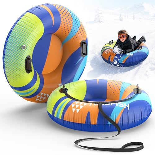 AirsFish 2 Packs Snow Tube Inflatable (450 lbs Capacity) - Heavy Duty 0.75mm Freeze-Resistant PVC with Reinforced Tow Leash & Deep Cushioned Seat - Winter Outdoor Sled