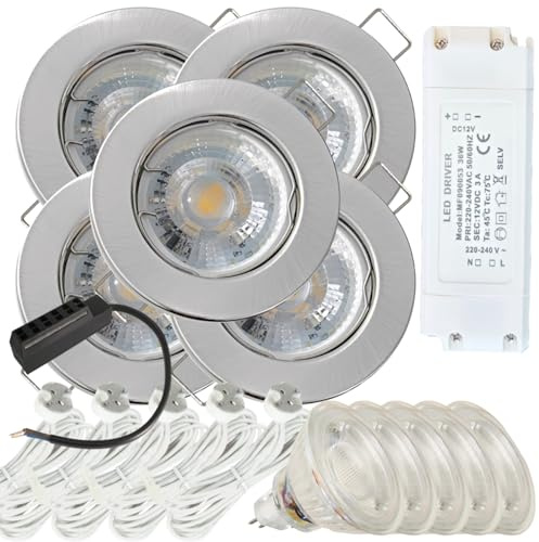 5 Stück LED Einbaustrahler Lotta 12V 5W IP20 Edelstahl gebürstet | Neutralweiß 4000K, 400lm | inkl. Trafo & MR16-Fassung mit 120cm AMP-Kabel | Für Küche und Wohnbereich | Ideal zur LED-Umrüstung
