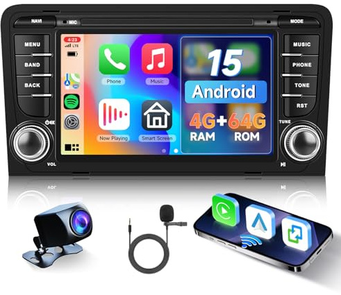 Hodozzy 4G+64G Android Autoradio für Audi A3 8P RS3 S3 2003-2012 mit Wireless Carplay Android Auto, 2 Din Bildschirmo 7 Zoll Touchscreen mit GPS Navi Bluetooth WiFi DSP FM/RDS Radio Rückfahrkamera