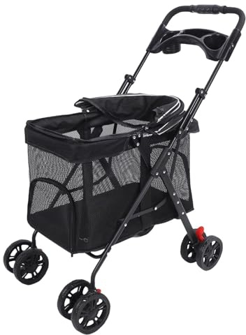 Yinhing Foldable Pet Stroller for Dogs Cats 4 Wheel Travel Carrier with 3 Way Sunshade Feeding One Click Folding and Brakes Gray (Black)