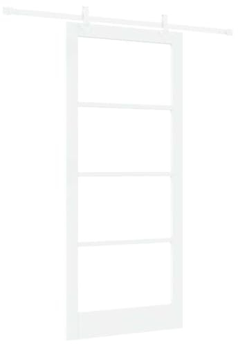 Owoxanthellate Porta scorrevole bianca, 93 x 211 cm, set completo con binario da 183 cm, moderna porta scorrevole in legno massiccio di pino e vetro, elegante porta per soggiorno e cucina