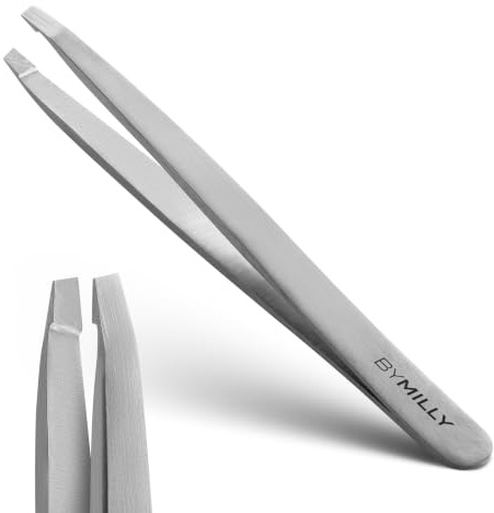 By MILLY Slanted Tweezers - High Carbon Stainless Steel - Hand-Filed and Perfectly Aligned Precision Slant Tips - Silver