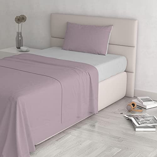 Set Lenzuola Letto Piazza e mezza Cotone Natural Color, lavorato in Italia - Completo Letto, Lenzuolo Sotto con Angoli, Telo Sopra 90x200cm e Federa con Patella Interna, Rosa antico/grigio chiaro