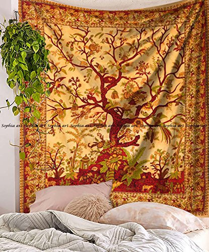 Baum des Lebens Tapisserie Wandbehang Hippie Mandala Tapisserie Wandkunst Collage Schlafsaal Strand Überwurf Bohemian Tapisserie Wanddekoration Boho Tagesdecke (gelb)