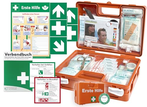 Verbandskoffer/Verbandskasten (K) -Komplettpaket- Erste Hilfe nach aktueller DIN 13157 für Betriebe -DSGVO- INKL. PERFORIERTEM VERBANDBUCH + Aushang + Aufkleber