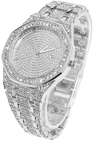 Halukakah Diamant Golduhr Iced Out, Männer Platin Weißgold Plattiert Quarz Armband 22cm Achteckiges Zifferblatt, Kommt mit Geschenkbox