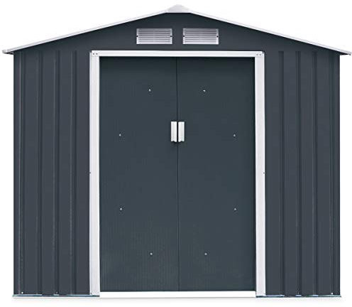 GIANTEX Gartenhaus Gerätehaus Metall, Geräteschuppen Gartenhütte Fahrradschuppen, Gartenschuppen mit Fundament, Gartengerätehaus mit Schiebtür & Fenster, Metallgerätehaus Satteldach (Anthrazit)