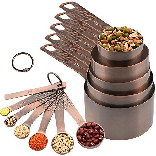 Juego de tazas y cucharas medidoras de cobre, acero inoxidable, chapado en cobre, 14 piezas, juego de 5 tazas medidoras de cobre y 6 cucharas medidoras de cobre y 1 nivelador de ingredientes y anillos