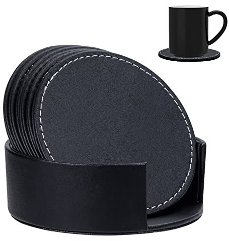Untersetzer PU-Leder Untersetzer Rund Getränke-Untersetzer Schwarz Tischuntersetzer mit Halter Set für Getränke Bar Tassen Kaffee Bier 6 Stücke
