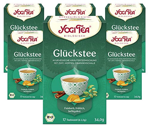 Yogi Tea - Glückstee, Ayurvedischer Bio Gewürz- und Kräutertee, Teebeutel, Mischung aus Zimt, Hopfen und Orangenschale, Yogi Tee 6er Pack, 6x17 Beutel (102 Teebeutel insgesamt), Ideal als Geschenk