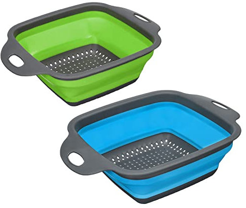 sourcing map Juego de colador plegable, 2 tamaños de silicona cuadrados, colador plegable que ahorra espacio, adecuado para pastas, verduras, frutas, azul, grande, verde, pequeño