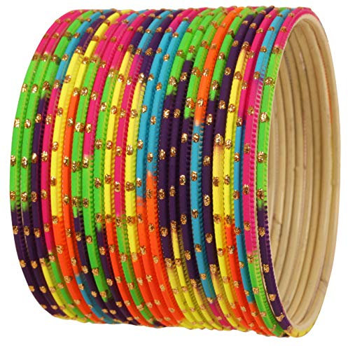 Touchstone Indische Bollywood „Colorful 2 Dozen Armreifen-Kollektion“ Golden Glitters texturierte mehrfarbige Designer-Schmuck Armreifen Armbänder Set von 24 für Frauen.