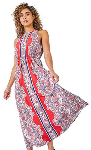 Roman Women Halterneck Midi Dress - Ladies Halter Neckline Maxi Spring Everyday Summer Holiday Sleeveless Soft Tie Waist Detail Keyhole Neck Gown Vacation Frocks Coral
