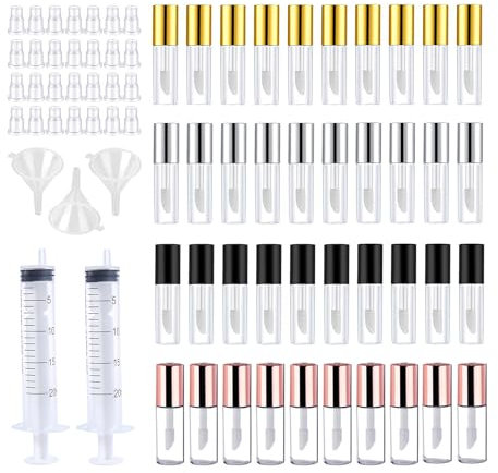 SKYPRO 40 Packungen mit 1,2 ml hübschen leeren Lipgloss-Tuben, durchsichtige nachfüllbare Mini-Lippenbalsamflaschen mit Gummieinsätzen und 2 Packungen mit 20 ml Spritzen und 4 Trichtern