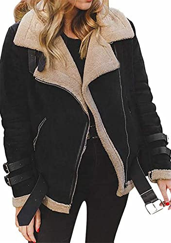 YMING Donna Inverno Faux Shearling Biker Vintage Giacca Camoscio Risvolto Cappotto Pile Collare Cappotto Nero S