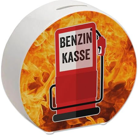 Benzinkasse Zapfsäule Spardose mit Flammen Hintergrund EIN Sparschwein für Spritgeld Tankgeld Kasse Sparbüchse Sparen Auto praktisch Diesel E10