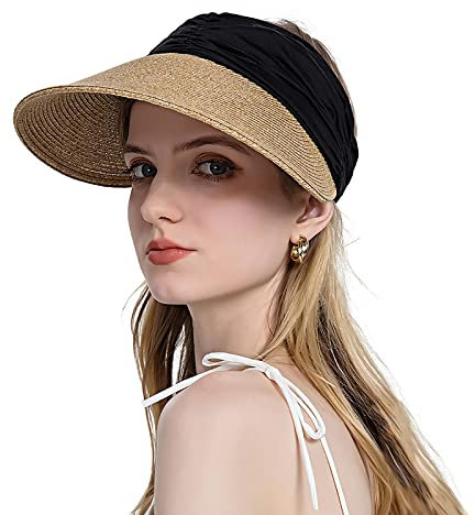 FakeFace Breite Krempe Strohhut Damen Sonnenhut Visor Sommer Strand-Kappe Schirmmütze Tennis Cap Faltbar Sommerhut Sonnenschild Schirmkappe Damenhut Baseball Kappe Anti-UV-Hut (Schwarz)