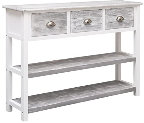 FIRBNUS 108x30x76 cm Beistelltisch mit 3 Schubladen und 2 Ablageflächen Sideboard für Wohnzimmer Kommode Schrank Beistellschrank Anrichte Aufbewahrungsschrank Antik Grau Massivholz Paulownia