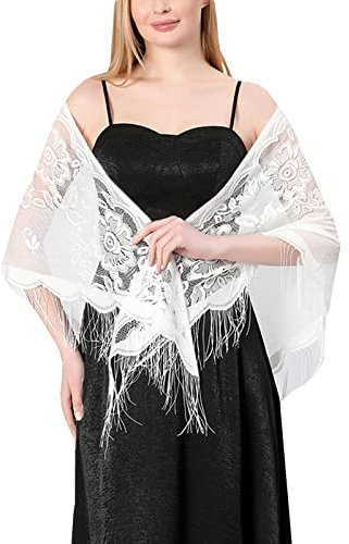 JK Home 184.5x74cm Echarpe Triangle en Dentelle Foulard Floral Châle Femme Chic Mariage Blanc