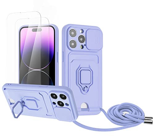 Zallagre Cover Compatibile con iPhone 13 Pro,[2 Pack] Vetro Temperato,Protezione Fotocamera,360°Magnetica Anello Supporto,Slot Schede,Custodia con Cordino-Viola