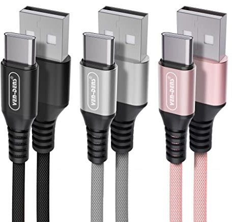 VEN-DENS [PACK OF 3] USB C Charger Cable 1.5m Type Fast Charging Compatible with Samsung Galaxy s23/s22/s21/S20/S10/S9/S8,Note10/9/8,HTC,LG,Moto,Huawei P40/P30,Google Pixel, BLACK, GREY, ROSE GOLD