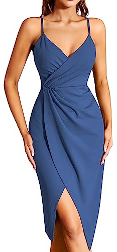 Missufe Robe de cocktail pour femme - Robe de soirée - Robe portefeuille - Robe d'été - Robe midi festive élégante - Moulante - Mariage - Sans manches - Bretelles spaghetti - Robe de soirée, Bleu