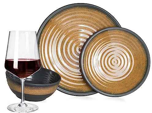 Melamin Camping Geschirr Set 4 Personen Stone Curry + 4 Milano Rotwein Gläser Rot Weingläser Tafelgeschirr Picknick BBQ Kochgeschirr