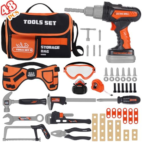 Kit d'outils pour enfants - 48 pièces - Jouet avec perceuse électrique, sac à outils, ceinture à outils et ruban de massage, kits d'outils de construction, jouets, cadeau pour enfants de 3 ans et plus