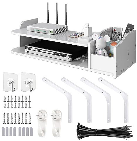 Catekro Floating Wall Shelf for WiFi Router, Comes with Four Shelf Brackets and 100 pcs Black Cable Zippers, Floating Shelf for Cable Boxes, Digital Media Router, Games Consoles