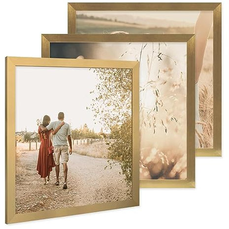 PHOTOLINI Bilderrahmen 40x40 cm Gold MDF-Holz, breite Rahmen, 3er Set, modern, bruchsicheres Acrylglas, zum Aufhängen, extra Zubehör - für Ihre stilvolle Wanddekoration