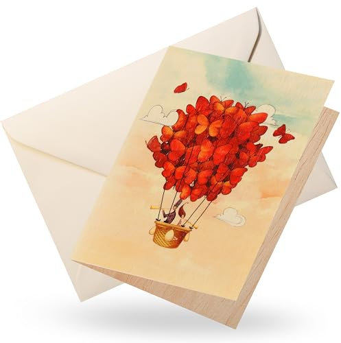 Cozywood Hochzeitskarte aus Holz, Geschenk, Karte Balloflugkarte zur Hochzeit, Einladungskarte zur Hochzeit, Geldgeschenkkarte, Glückwunschkarte, Glückwunsch, Liebesglück