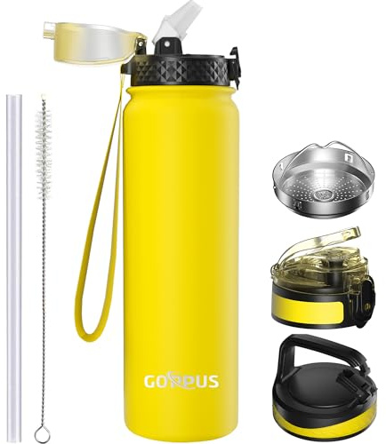 GOPPUS 1L/32oz Thermosflasche mit Strohhalm Doppelschicht Edelstahl Trinkflasche 1 Liter Isolierflasche Auslaufsicher Sport Wasserflasche Kohlensäure Water Bottle Trinkflaschen BPA-frei Wasser Flasche